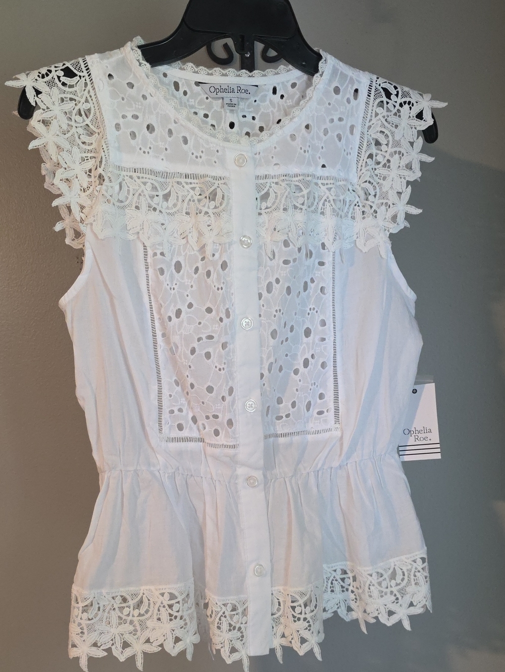 Ophelia Roe White Lace-Trim Button Front Peplum Top Size S